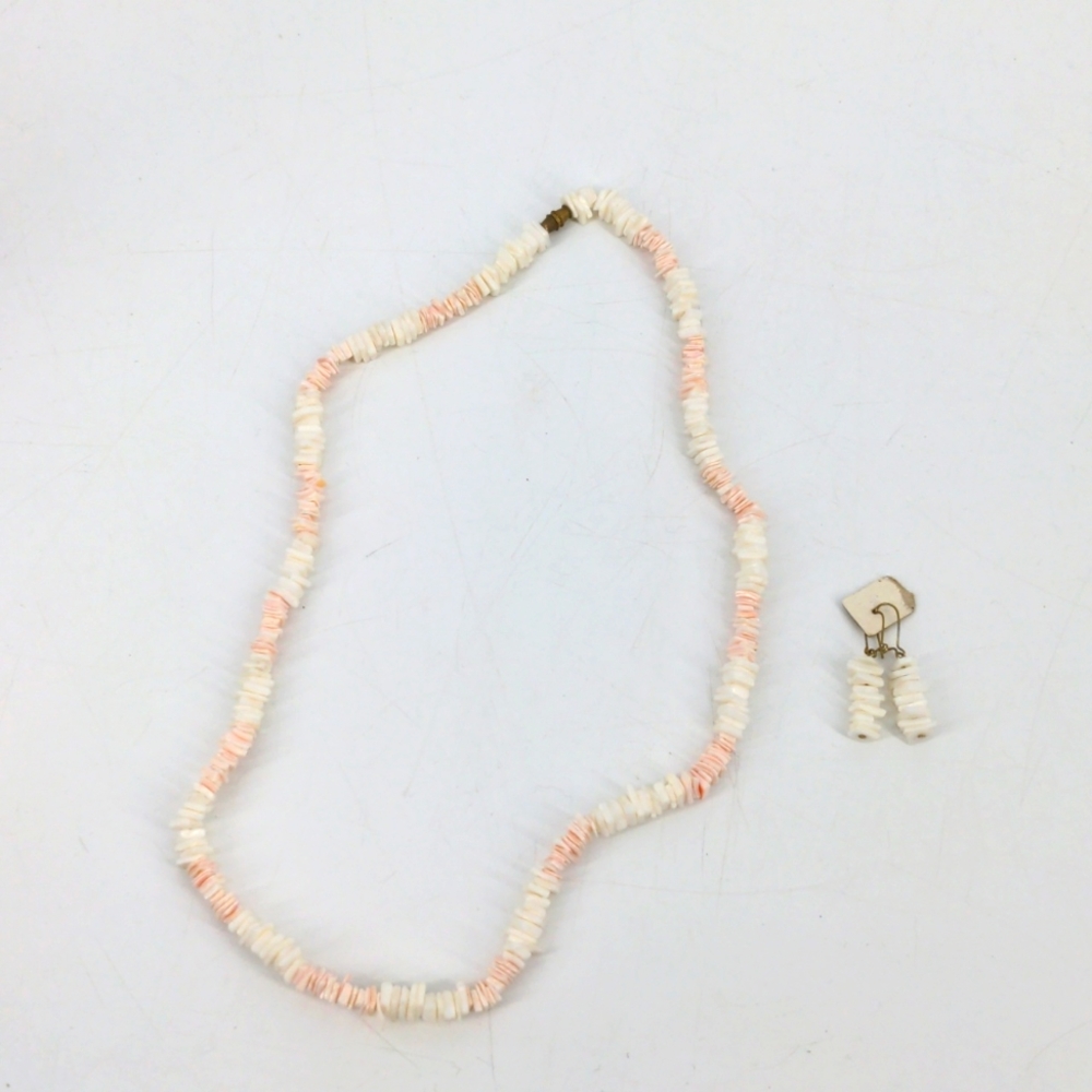 VTG Beach Style Pink White Puka Pukka Shell Necklace + Dangling Earrings Set